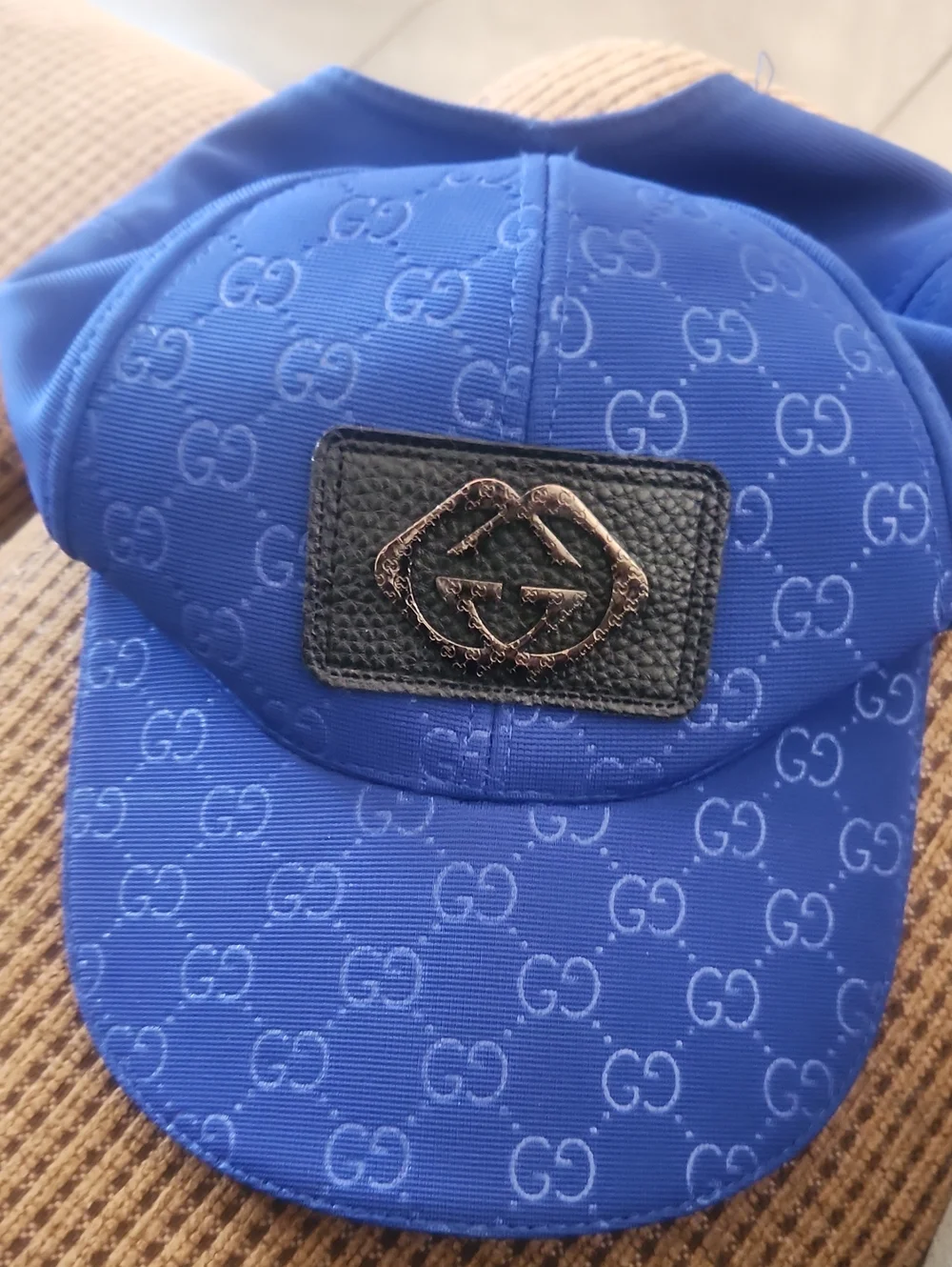 Gucci Royal Blue GG Monogram Baseball Cap with Black Leather Patch
